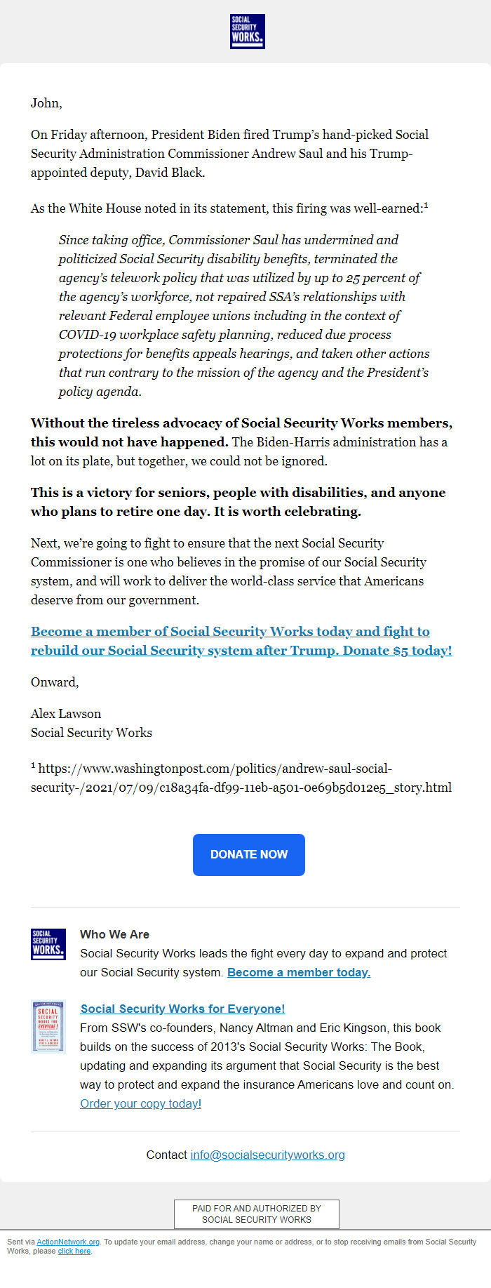 Screenshot of the email generated on import