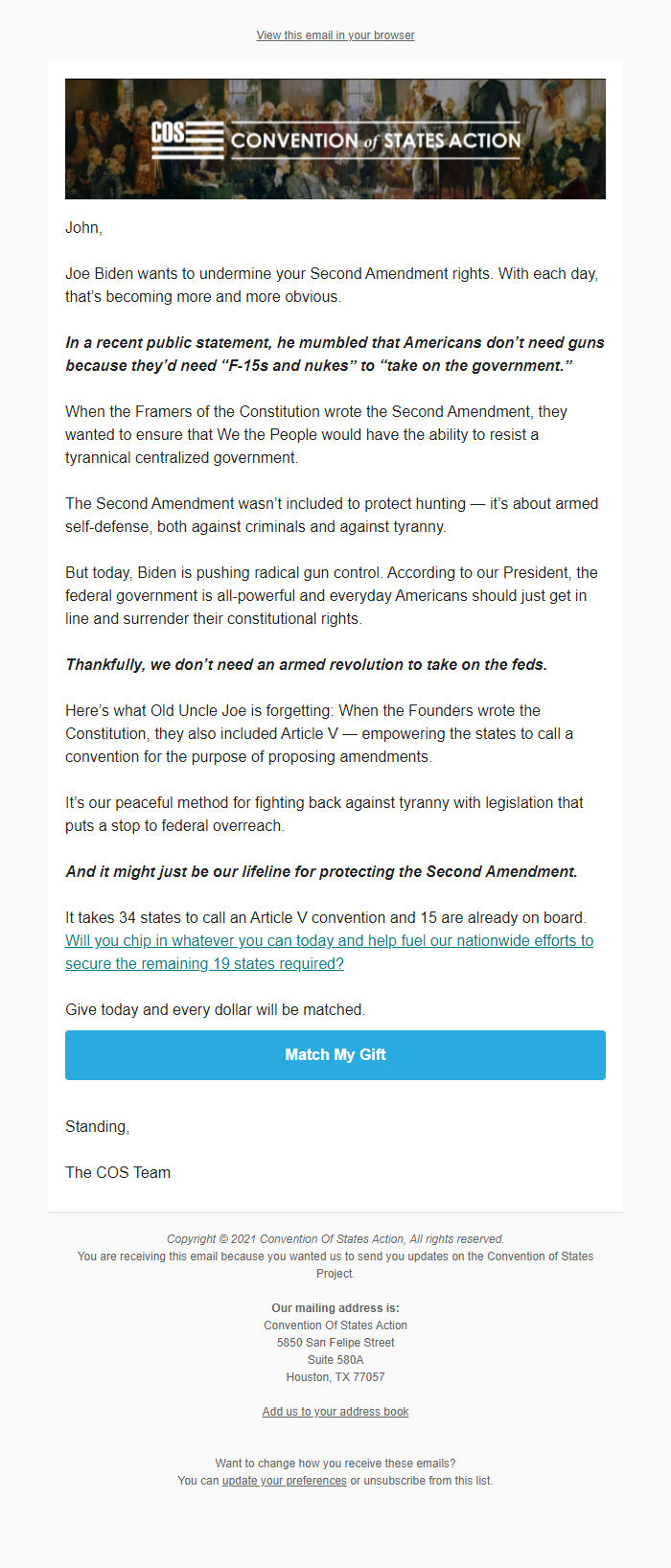 Screenshot of the email generated on import