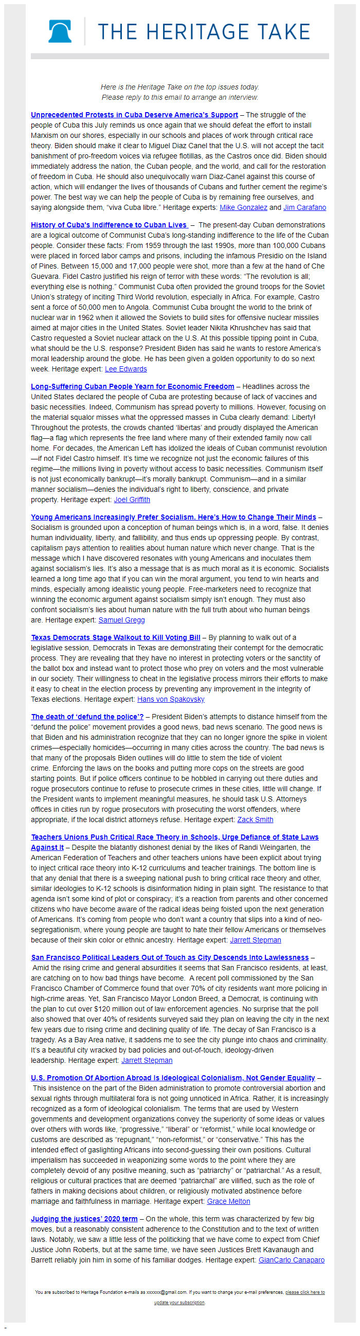 Screenshot of the email generated on import