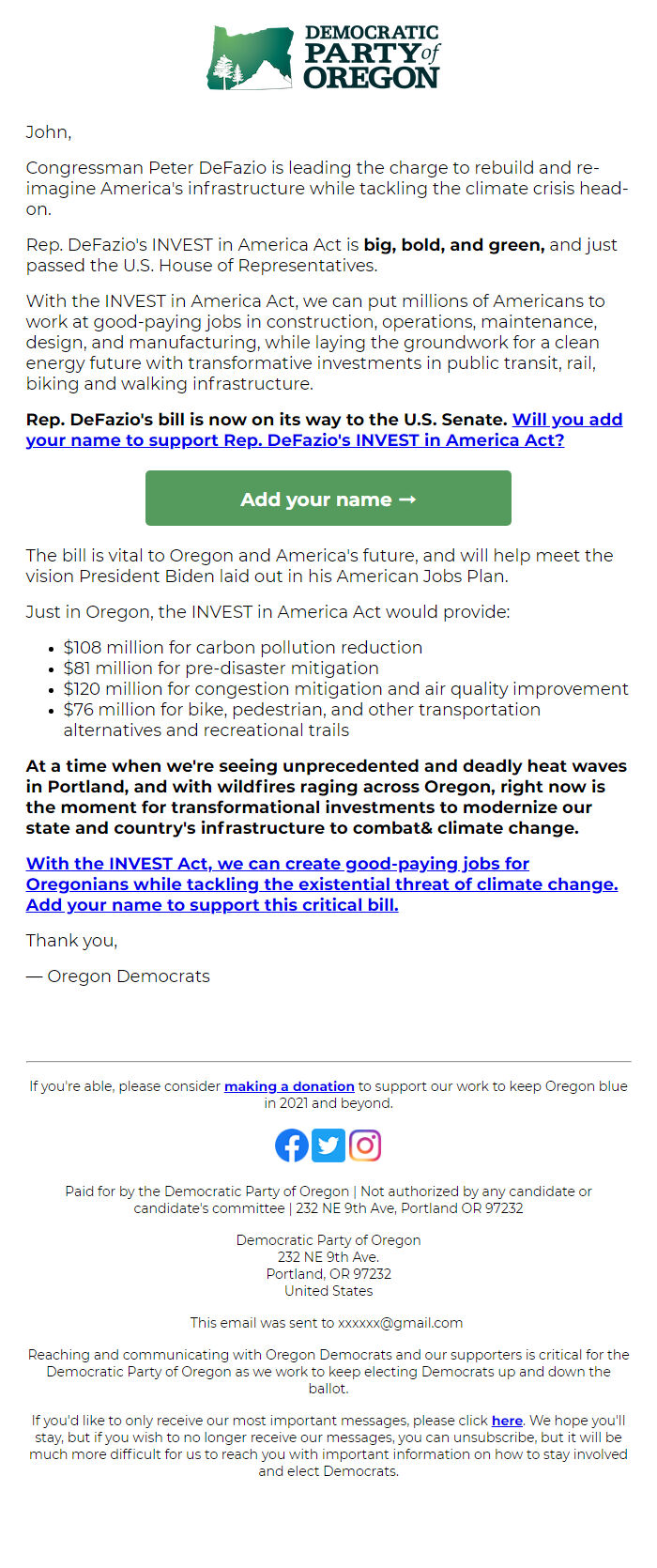 Screenshot of the email generated on import