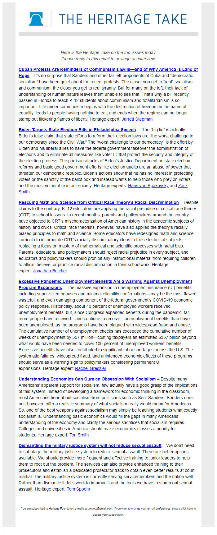Screenshot of the email generated on import