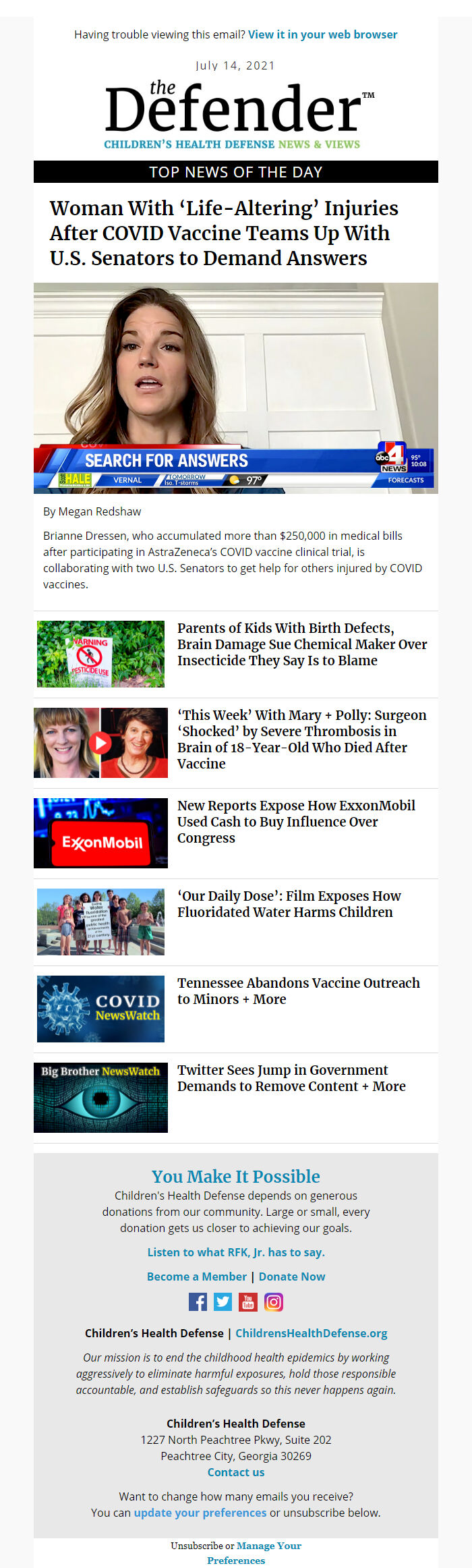 Screenshot of the email generated on import