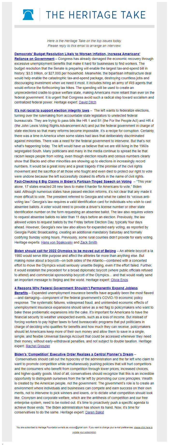 Screenshot of the email generated on import