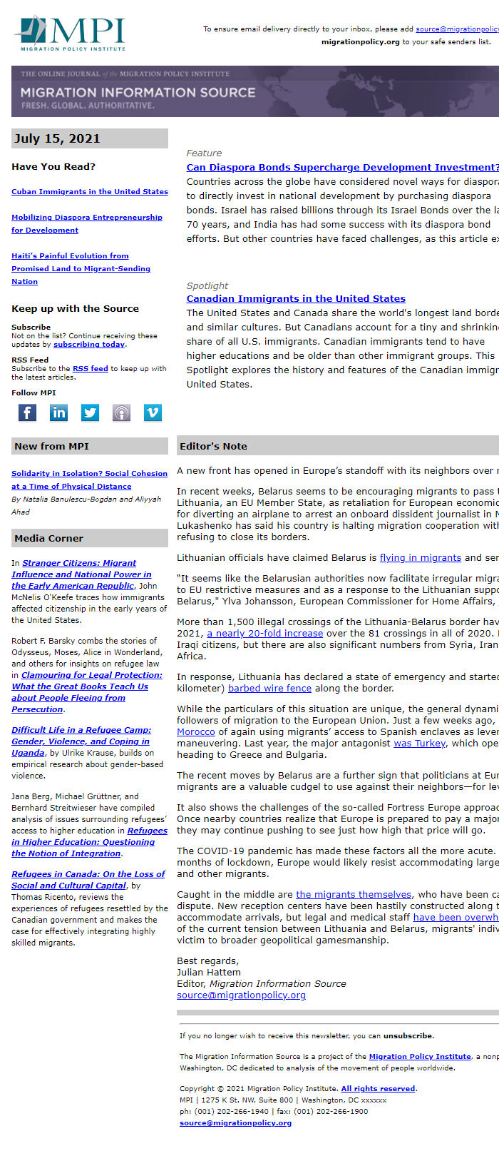 Screenshot of the email generated on import