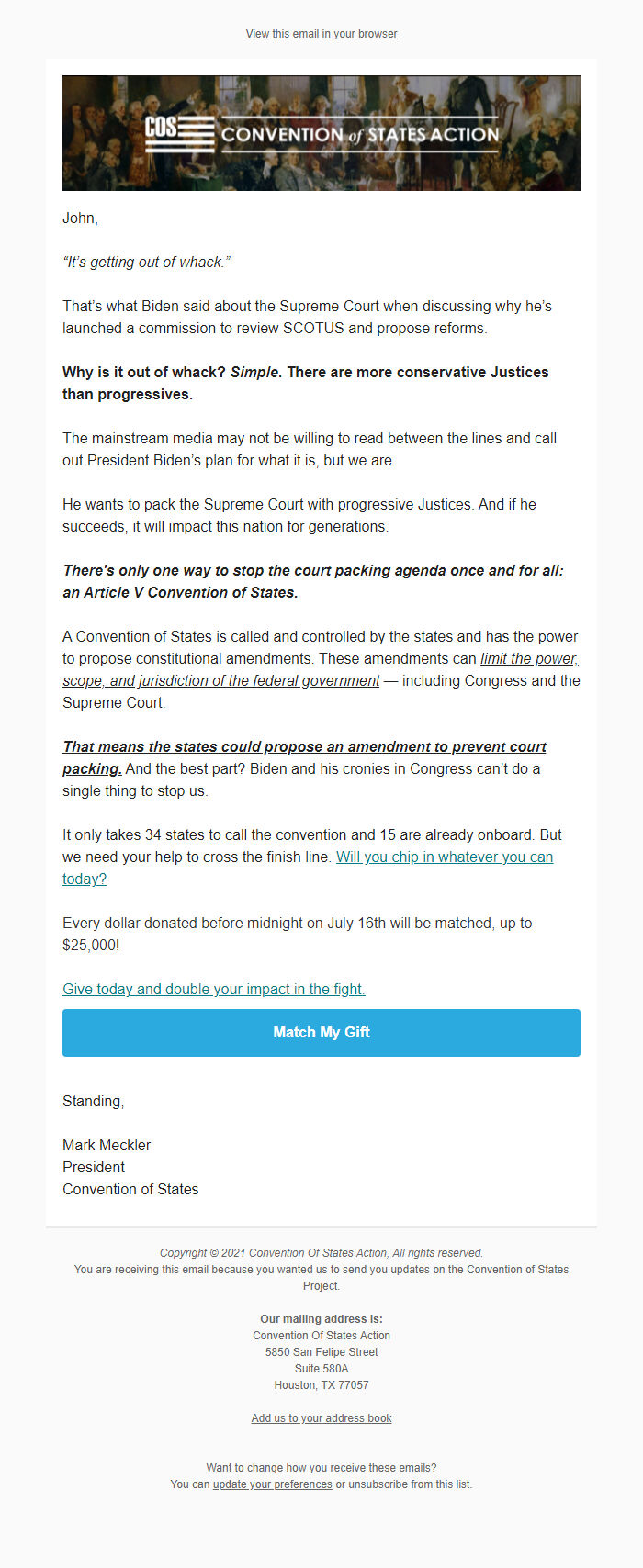 Screenshot of the email generated on import