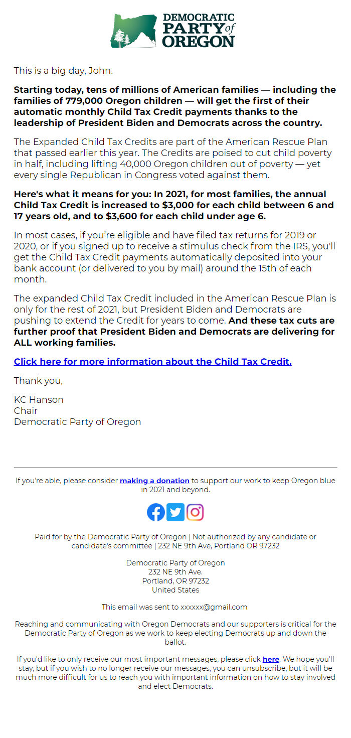 Screenshot of the email generated on import