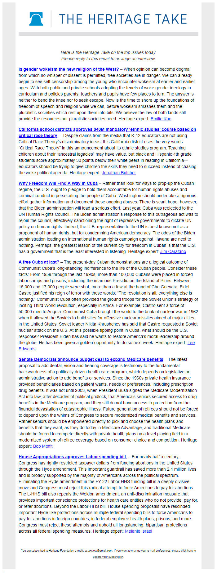 Screenshot of the email generated on import