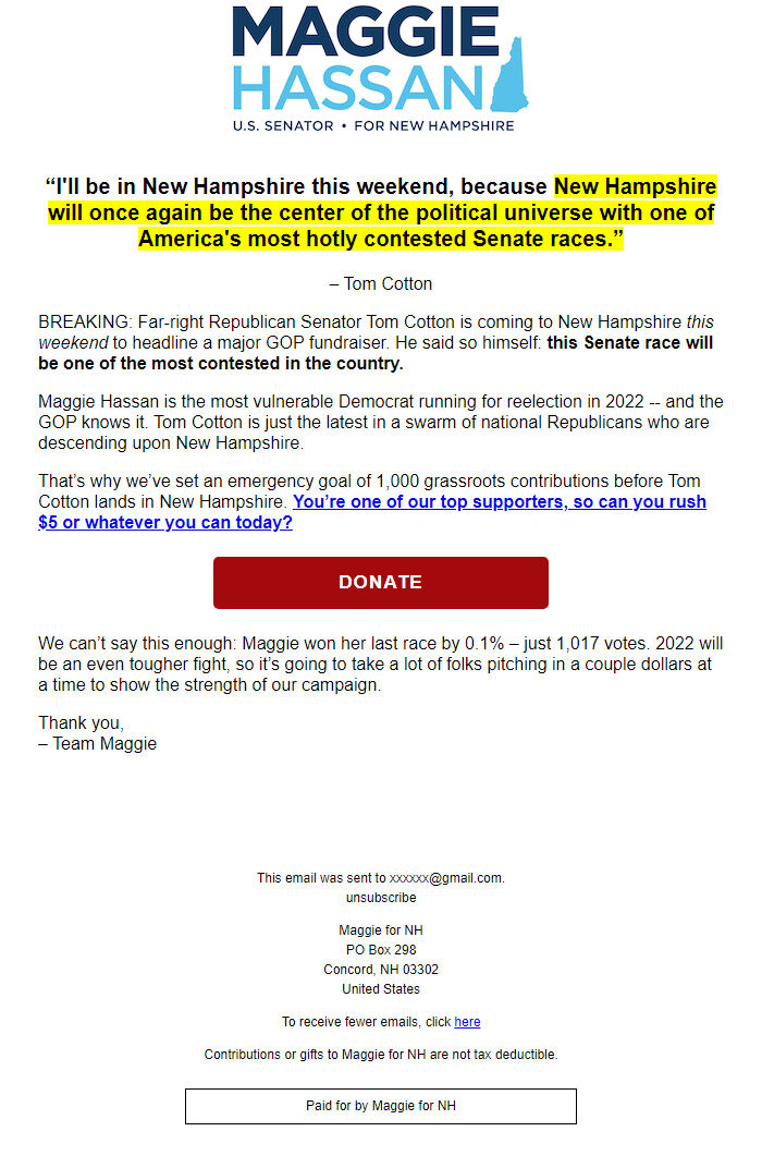 Screenshot of the email generated on import