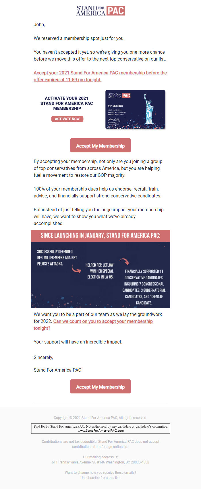 Screenshot of the email generated on import