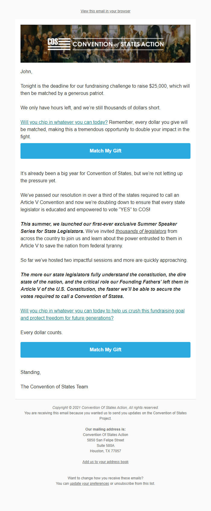 Screenshot of the email generated on import