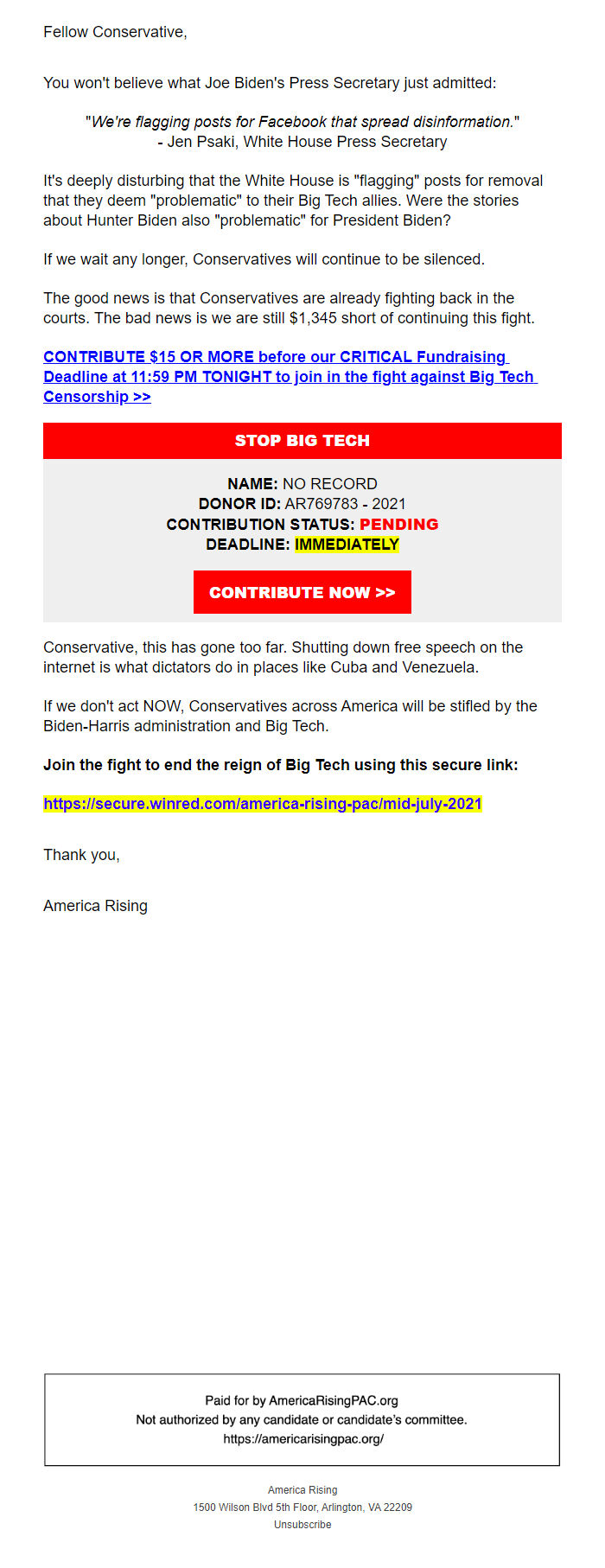 Screenshot of the email generated on import