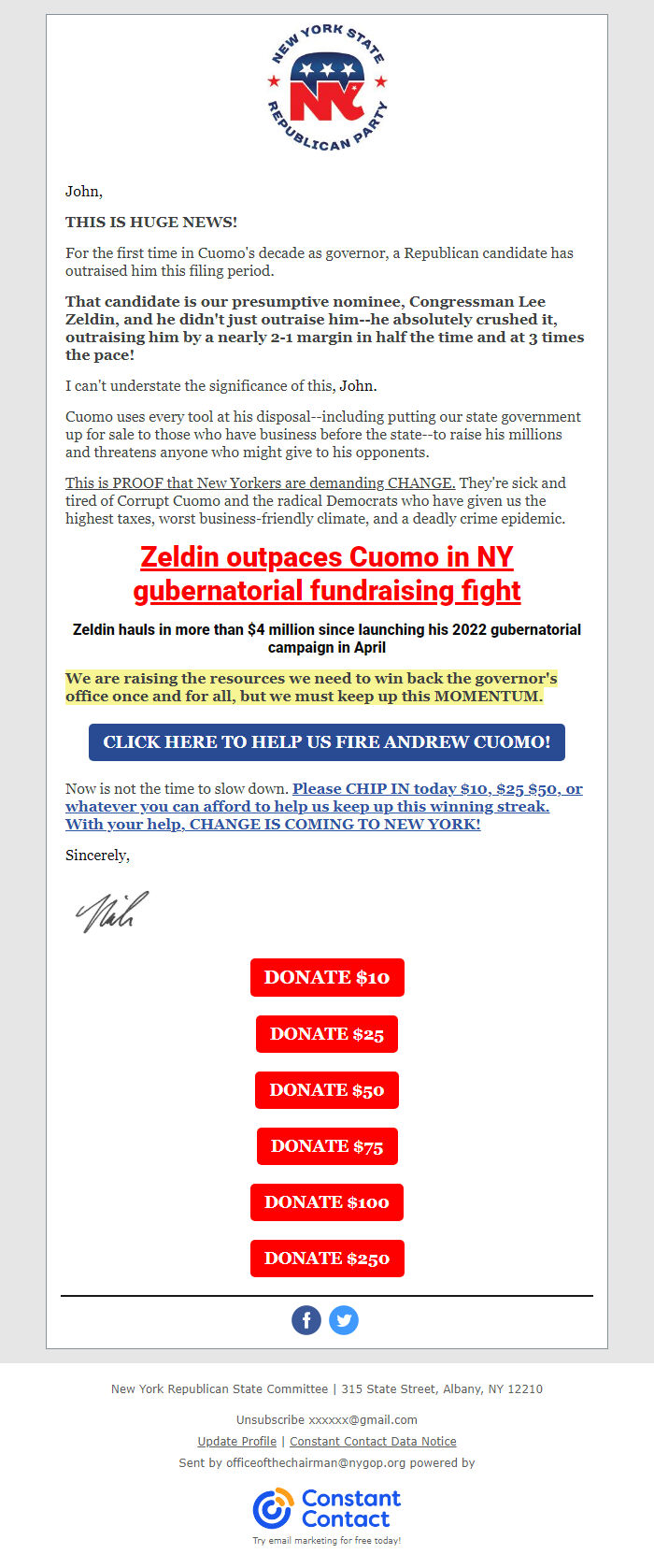 Screenshot of the email generated on import