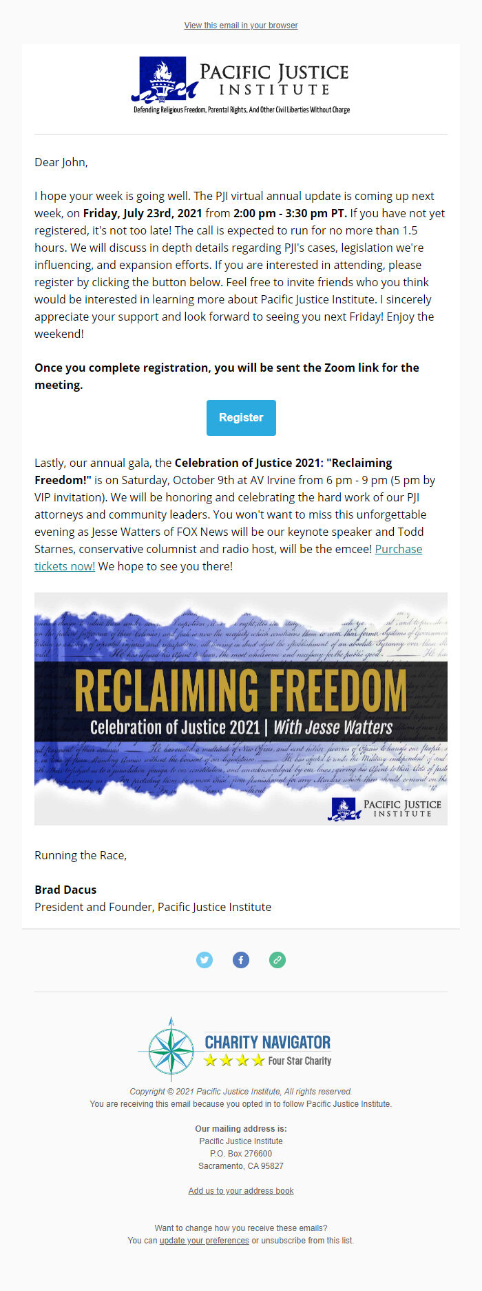 Screenshot of the email generated on import