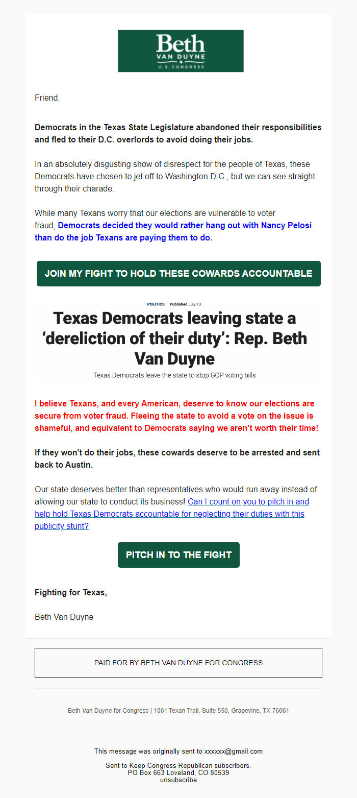 Screenshot of the email generated on import