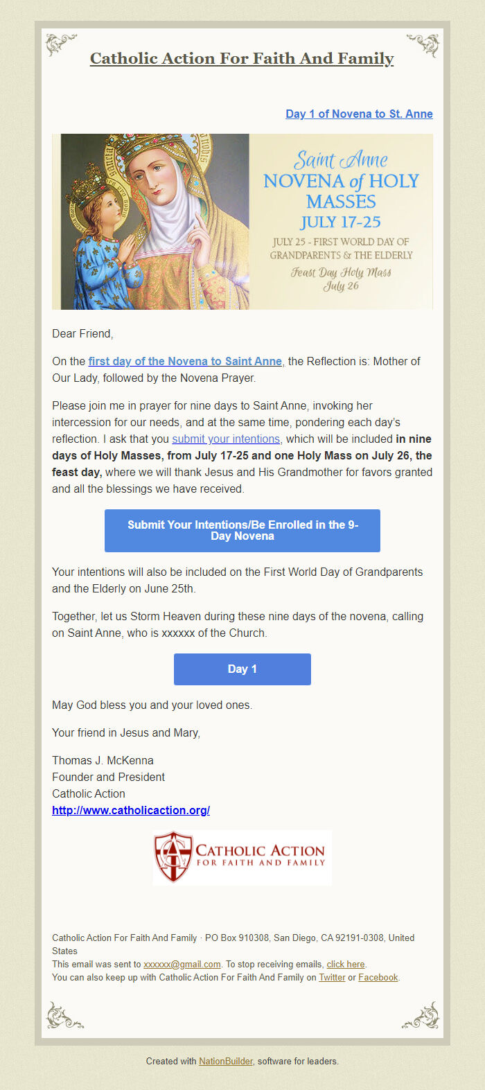 Screenshot of the email generated on import