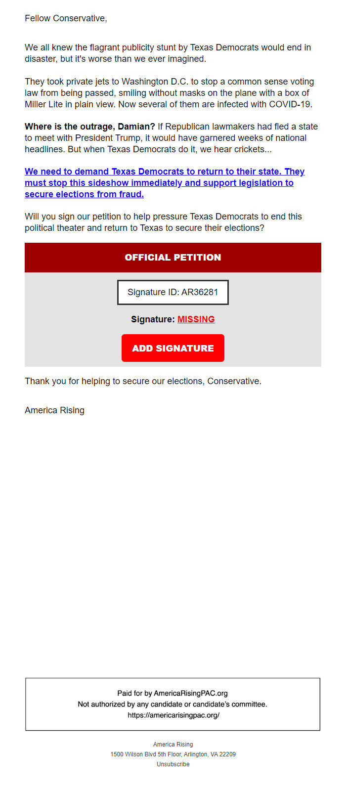 Screenshot of the email generated on import