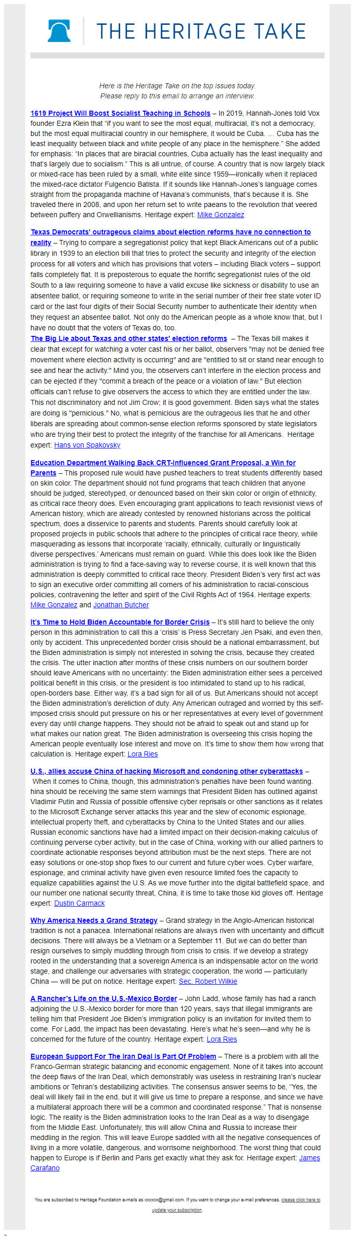 Screenshot of the email generated on import