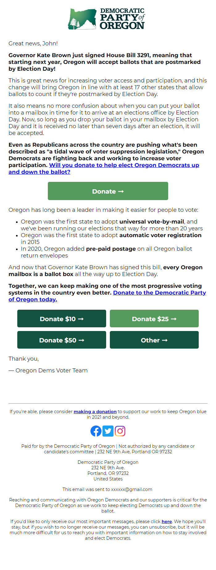 Screenshot of the email generated on import
