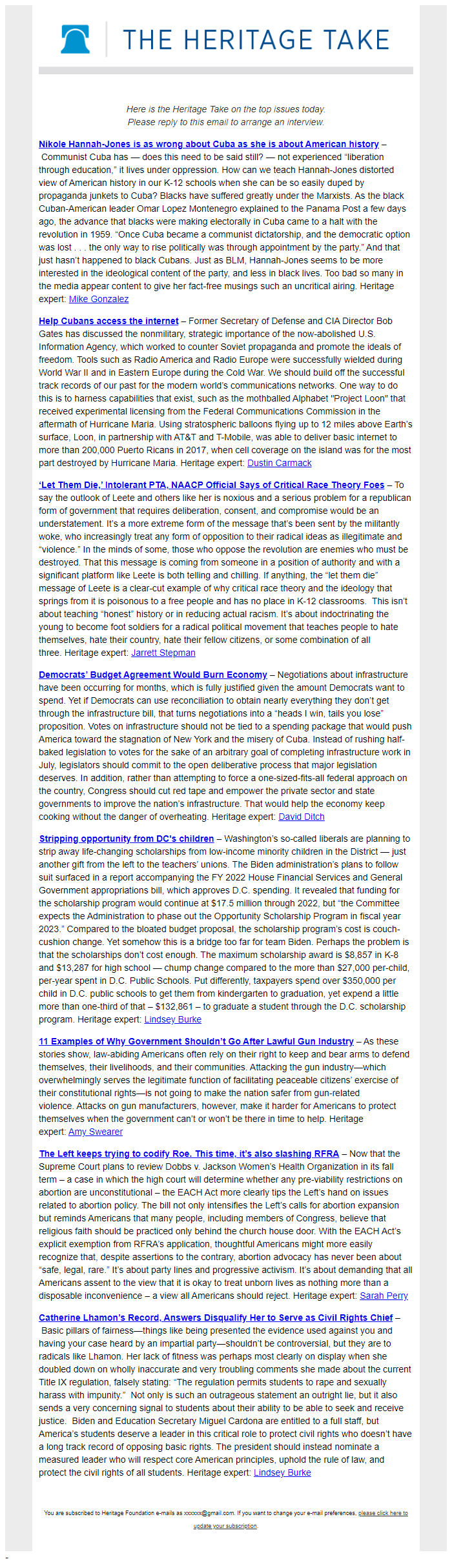 Screenshot of the email generated on import