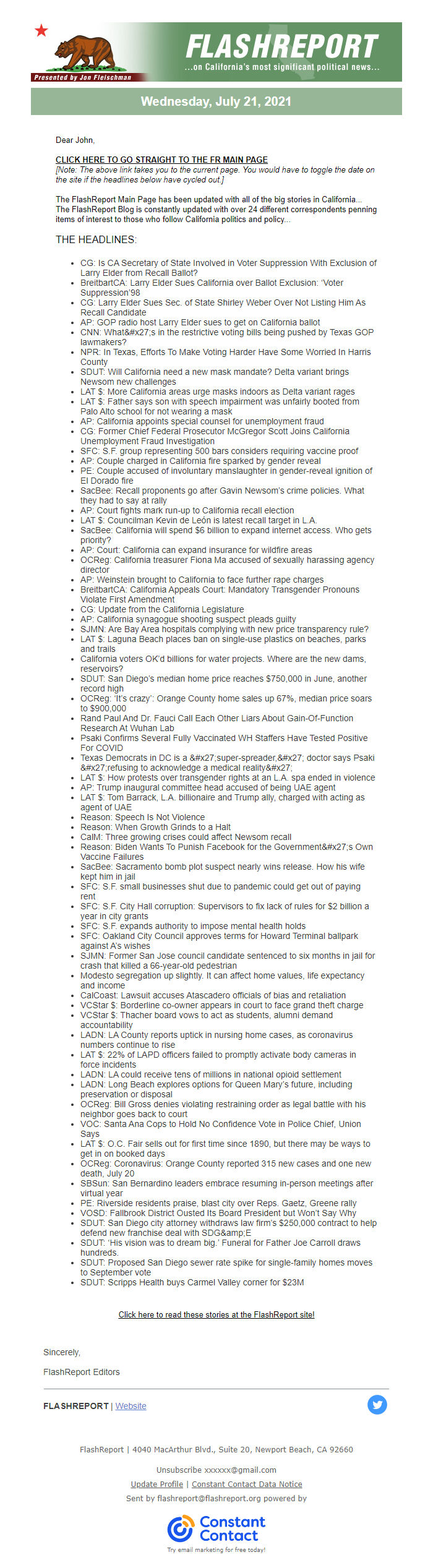 Screenshot of the email generated on import