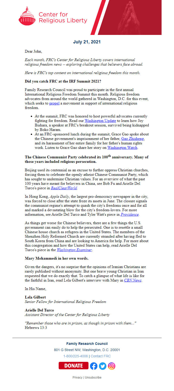 Screenshot of the email generated on import