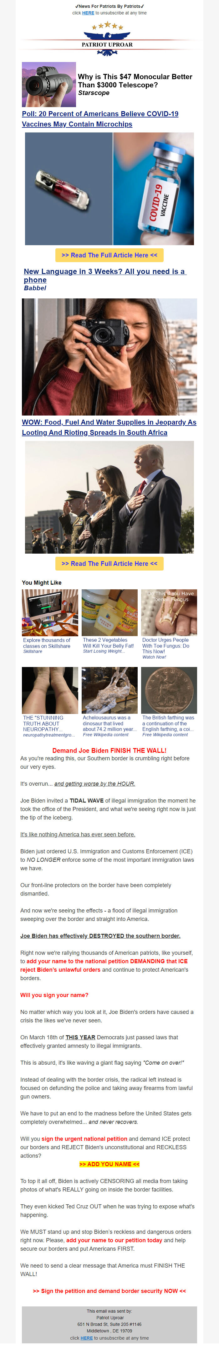 Screenshot of the email generated on import