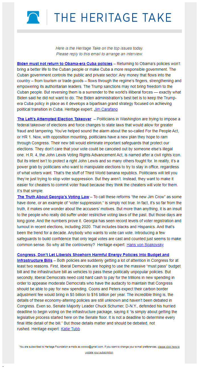Screenshot of the email generated on import