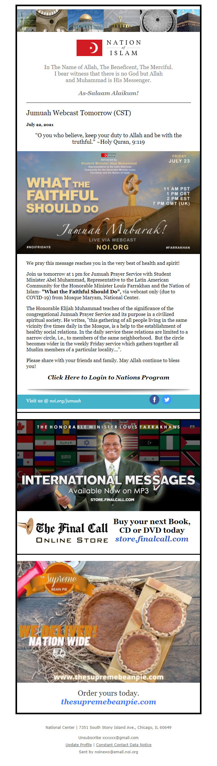 Screenshot of the email generated on import