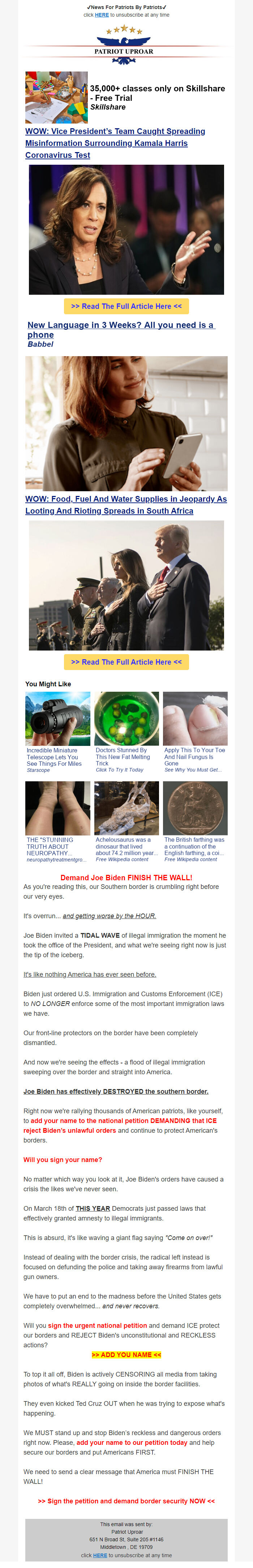 Screenshot of the email generated on import