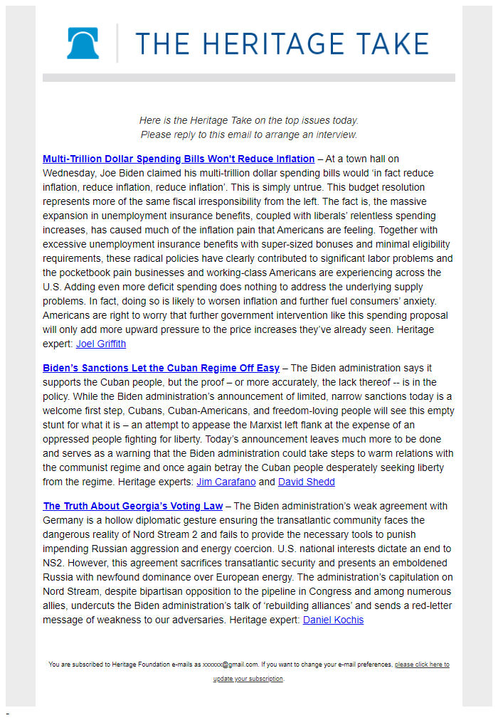 Screenshot of the email generated on import
