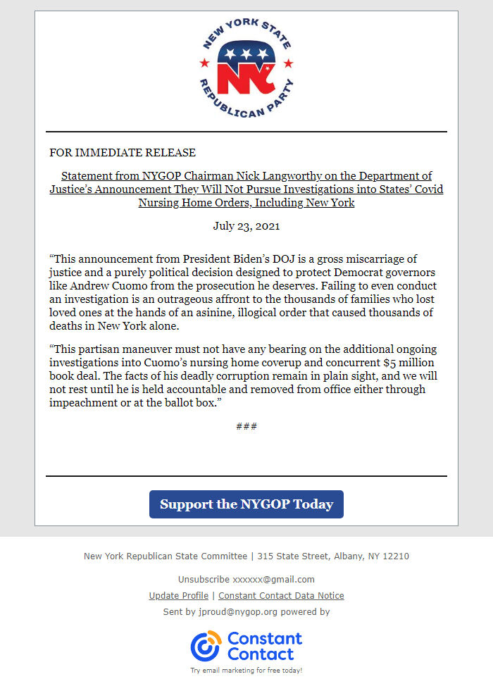 Screenshot of the email generated on import