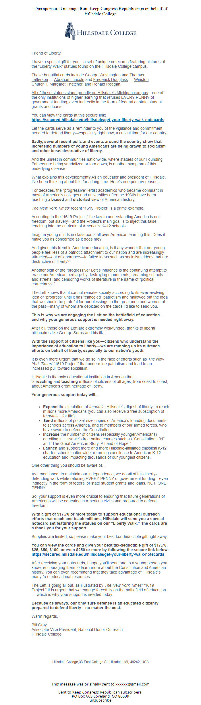 Screenshot of the email generated on import