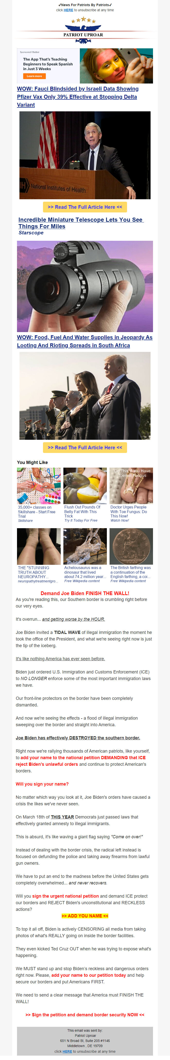Screenshot of the email generated on import