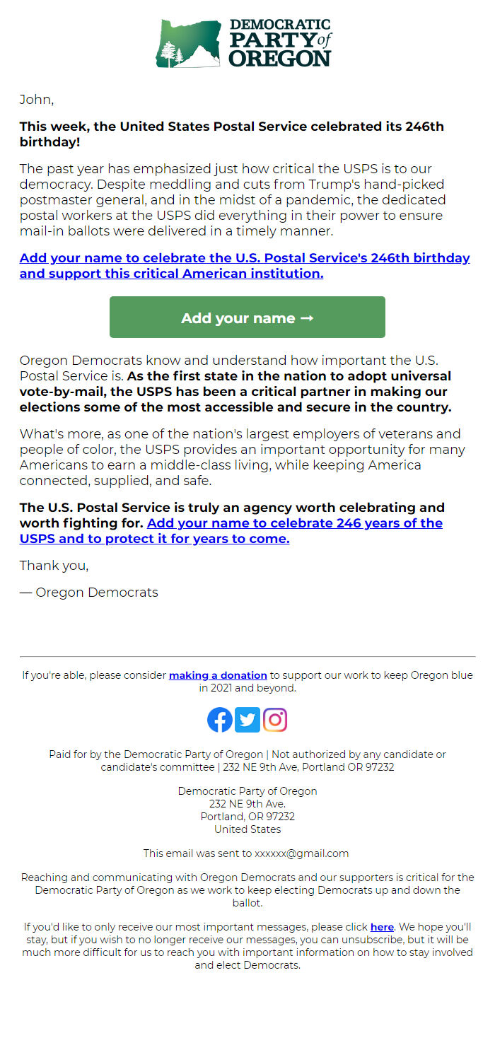 Screenshot of the email generated on import