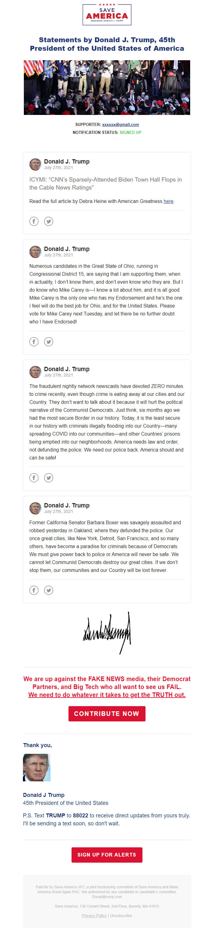 Screenshot of the email generated on import