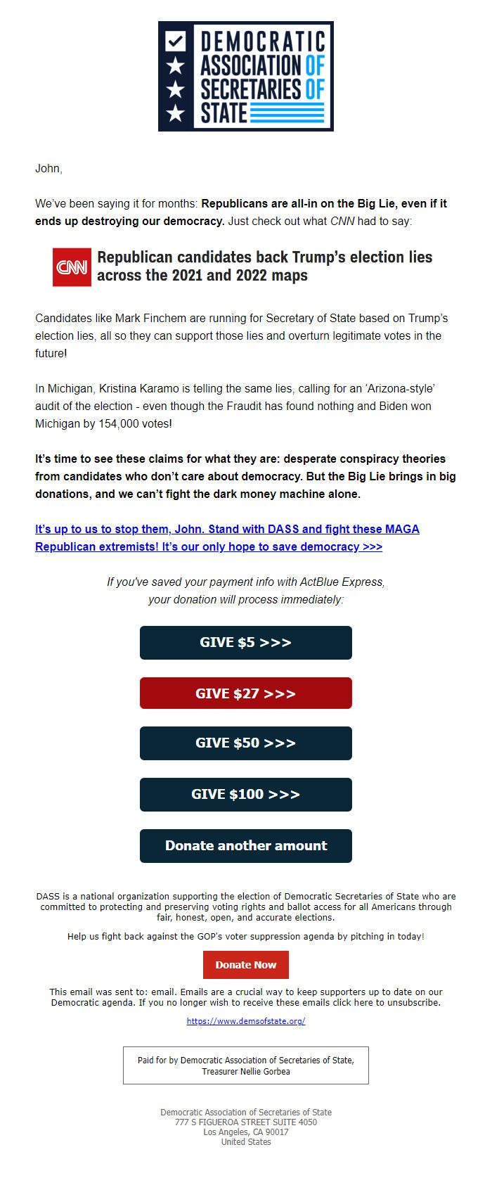 Screenshot of the email generated on import