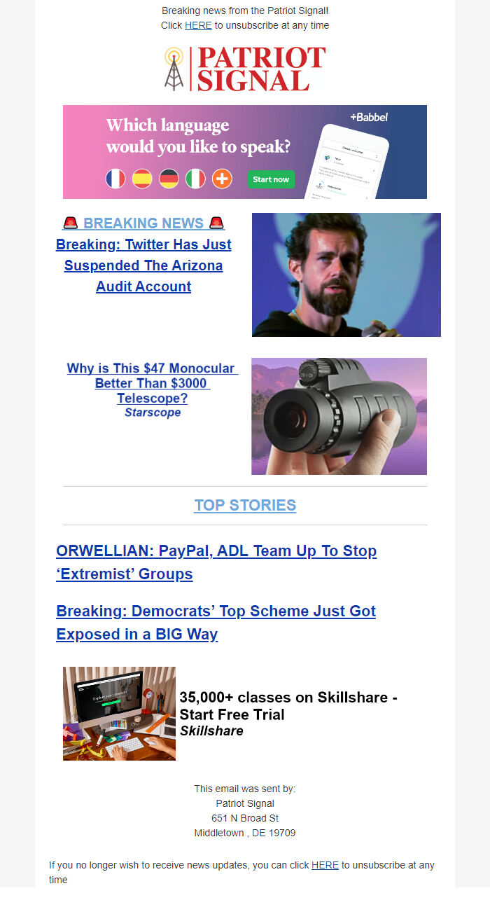 Screenshot of the email generated on import