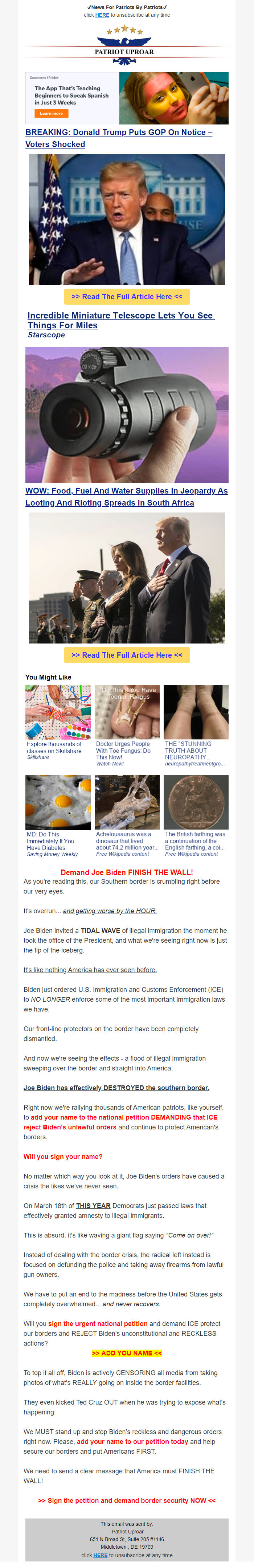 Screenshot of the email generated on import