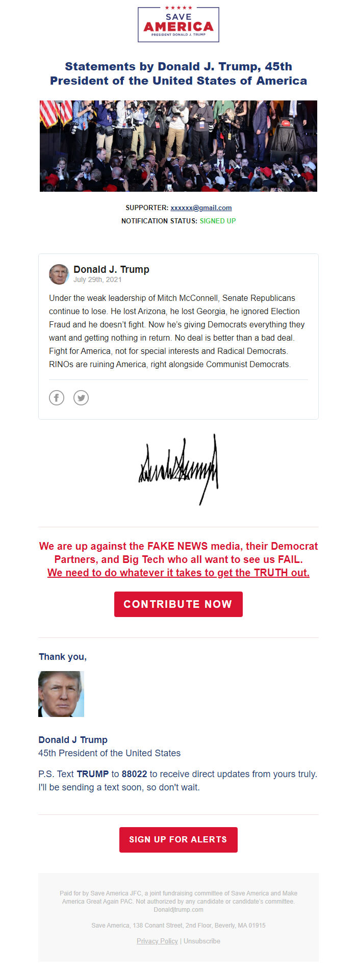 Screenshot of the email generated on import