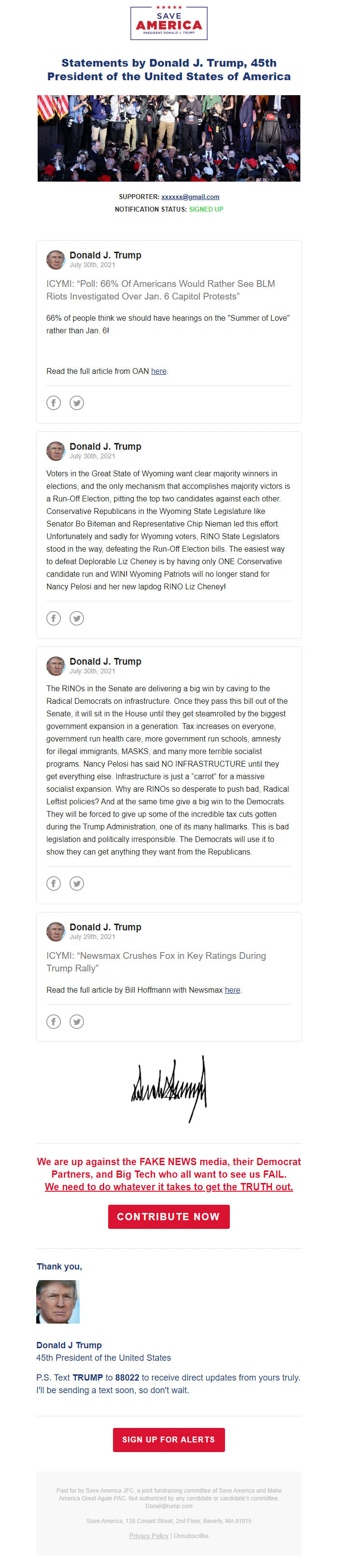 Screenshot of the email generated on import