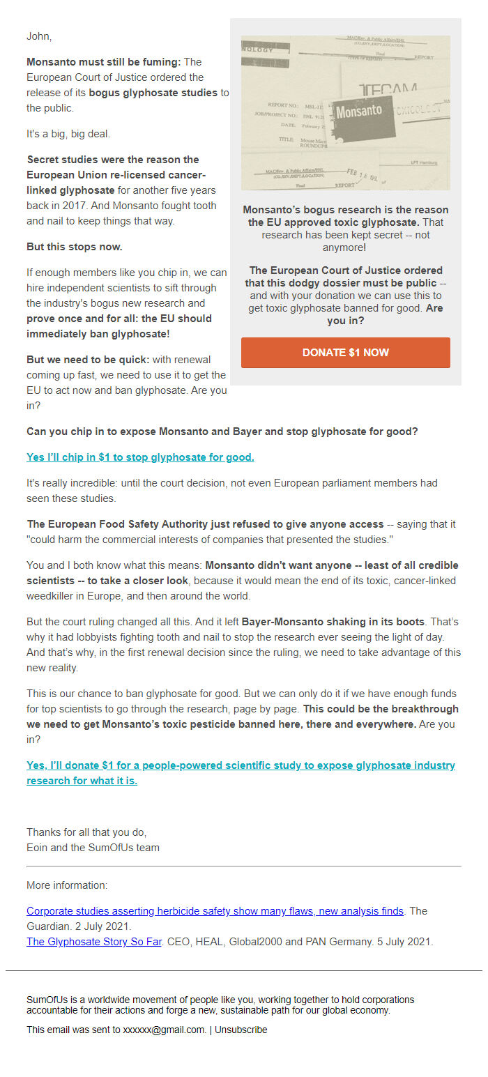 Screenshot of the email generated on import