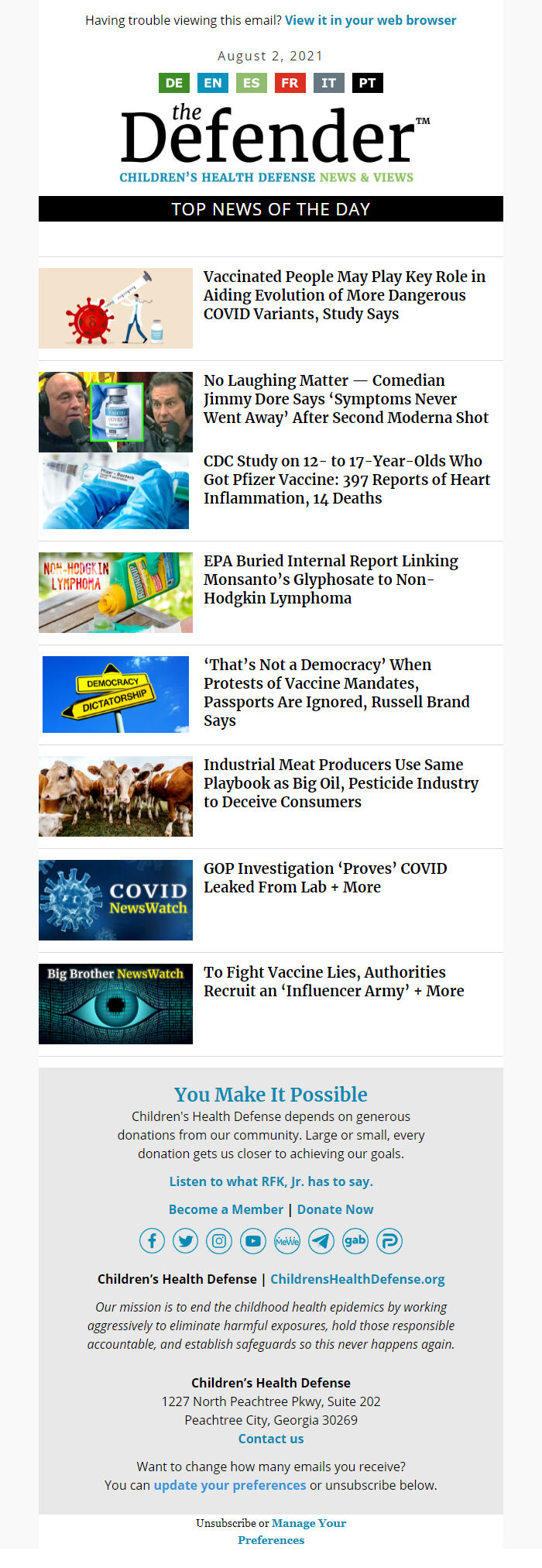 Screenshot of the email generated on import