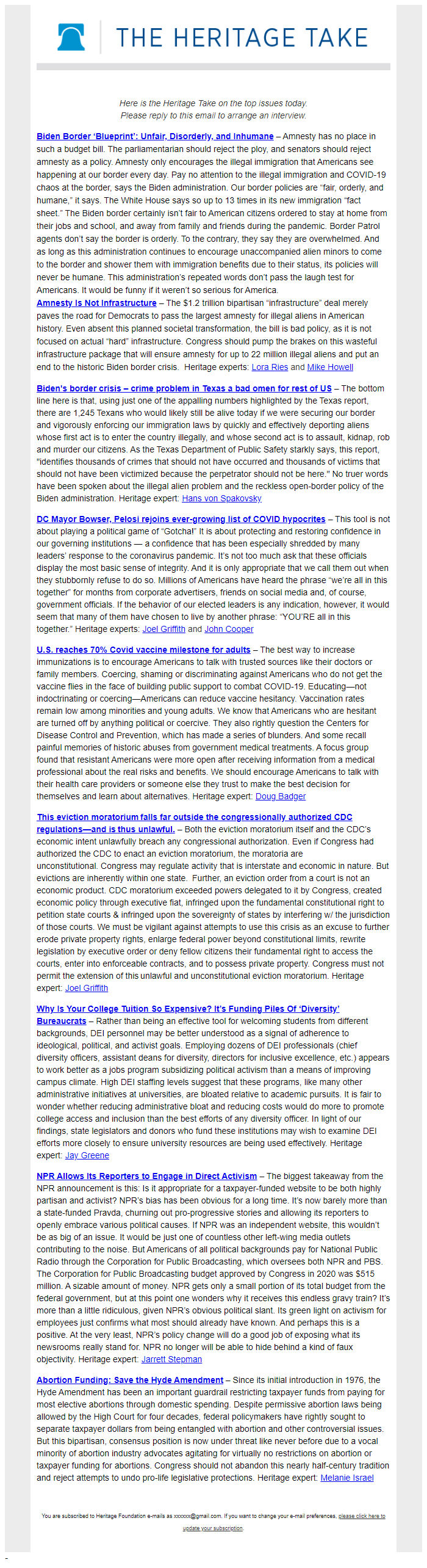 Screenshot of the email generated on import
