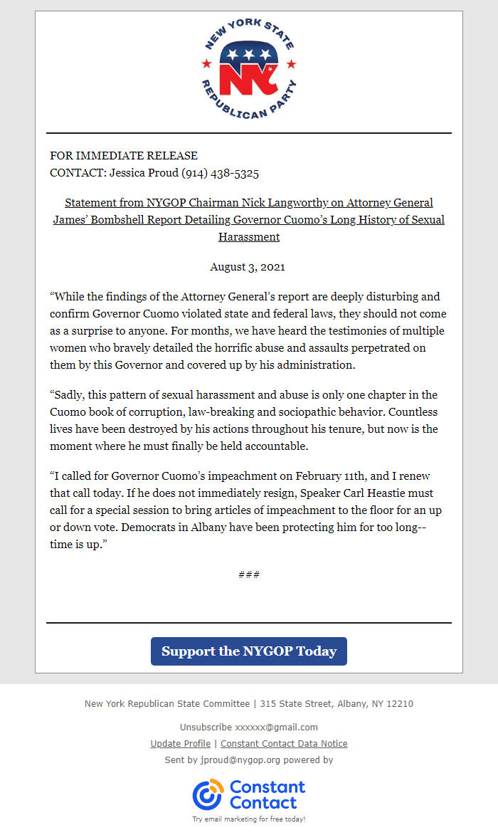 Screenshot of the email generated on import
