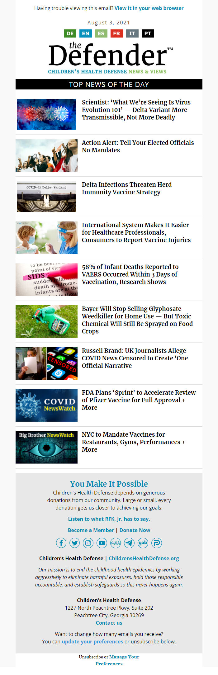 Screenshot of the email generated on import
