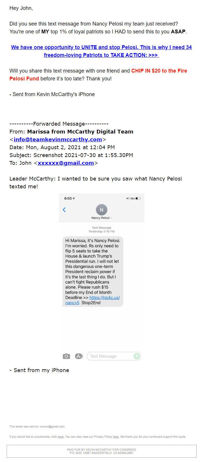 Screenshot of the email generated on import