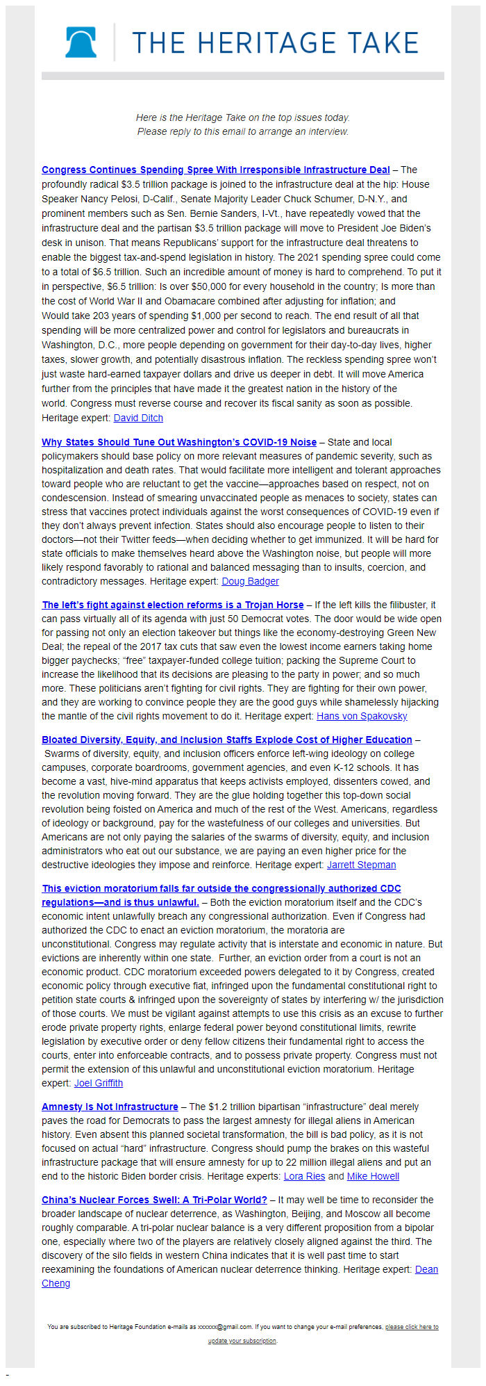 Screenshot of the email generated on import