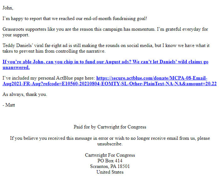 Screenshot of the email generated on import