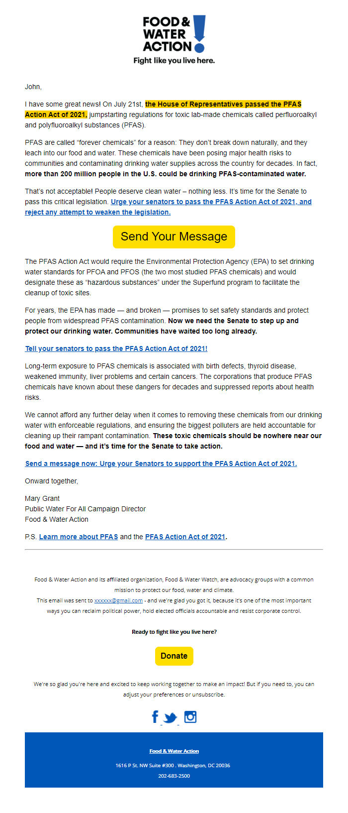 Screenshot of the email generated on import