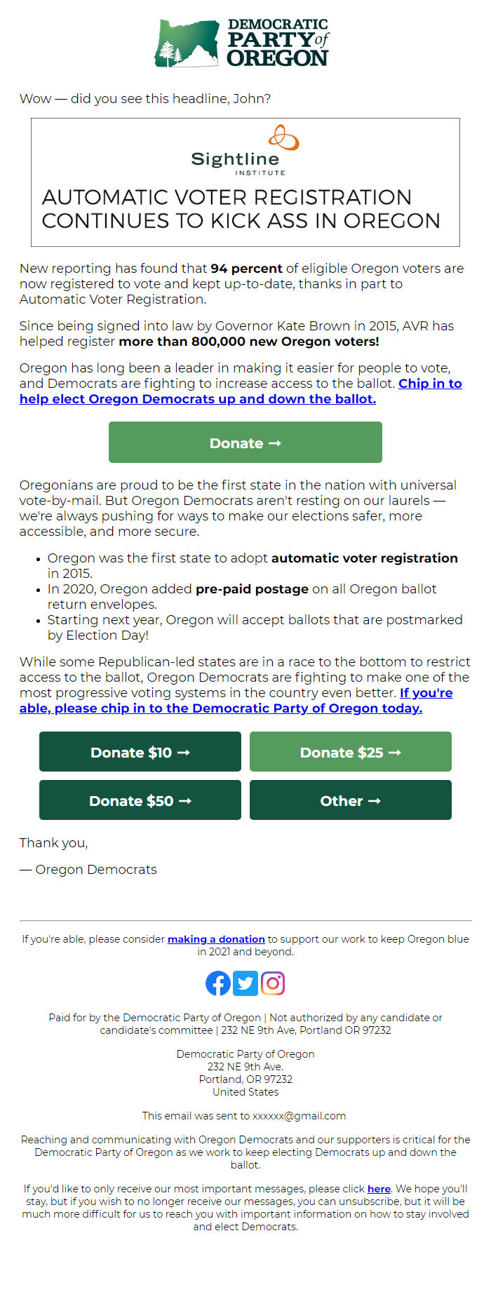 Screenshot of the email generated on import